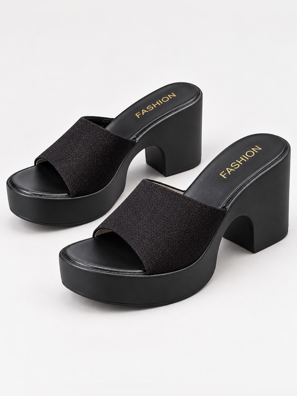Fashion Black Platform Block Heel Slide Sandals size 5.5